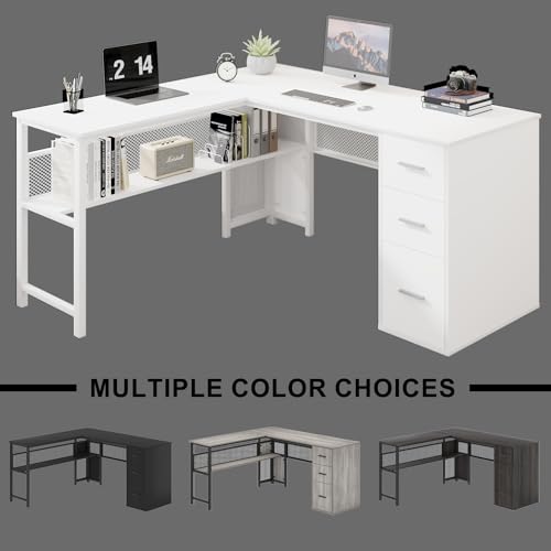 LVB Reversible Gray L Shaped Corner Desk, Farmhouse Wood Computer Desk with File Drawers Cabinets, Large Work Study Executive Home Office Desk with Storage Shelves for Bedroom, Light Grey Oak, 59 Inch