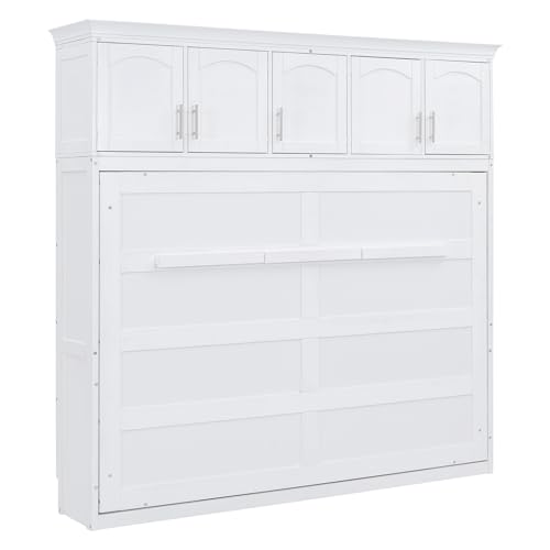 Full Murphy Bed with Cabinets, Full Size Murphy Bed Cabinet Bed, Solid Wood Wall Bed, Hidden Murphy Beds Foldable Platform Bed Frame, Horizontal Murphy Bed for Guest Room or Home Office, Grey