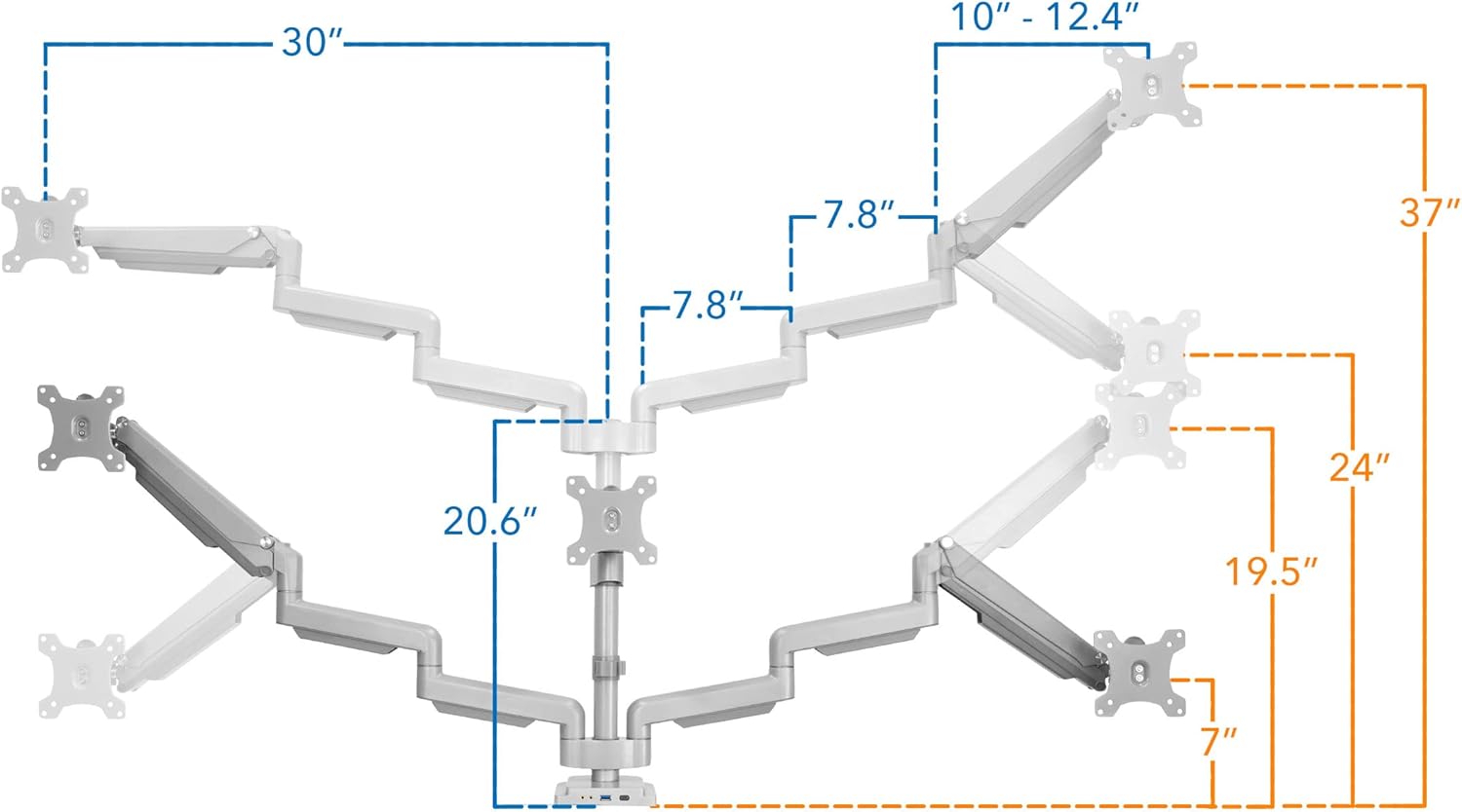 Mount-It! Triple Monitor Mount with USB and Audio Ports, 3 Monitor Desk Mount, Balanced Height Adjustable Triple Monitor Stand for Three Computer Screens 24 27 30 32 Inch VESA Screens, Gaming, Office