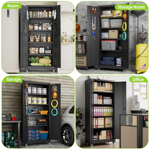 Aobabo Garage Storage Cabinet with Wheels,72" H Metal Storage Cabinet with 2 Doors and 4 Adjustable Shelves for Garage Home, Black,Required-Assembly