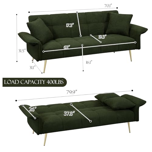 Futon Sofa Bed, Teddy Futon Couch Bed with Convertible Backrest, Modern Futon Couch with Adjustable Armrests, Sofa Bed with Memory Foam for Living Room, Bedroom, Beige