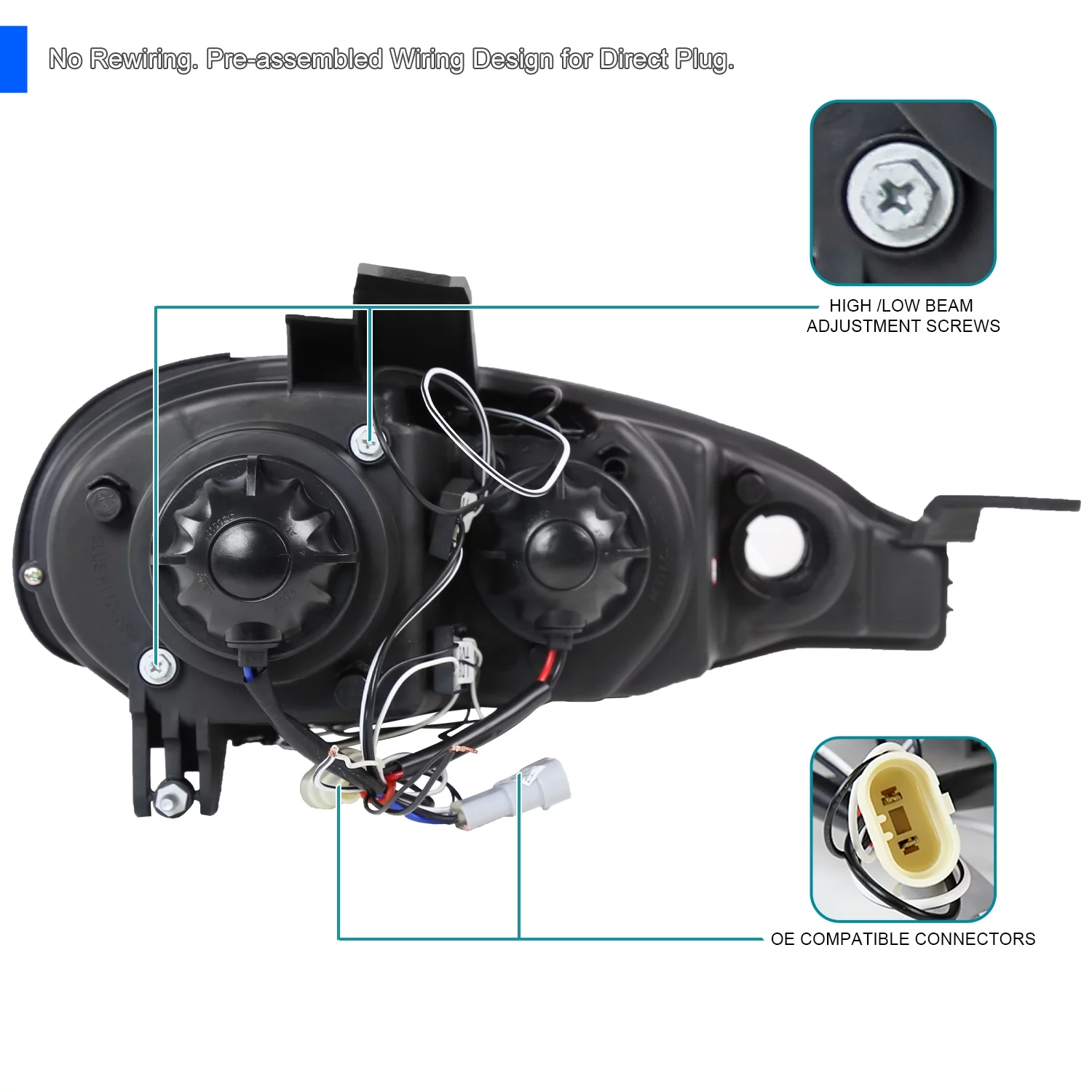 Spec-D Tuning Black Halo Projector Headlights Compatible with 2001-2005 Mazda Miata MX-5 Left + Right Pair Headlamps Assembly