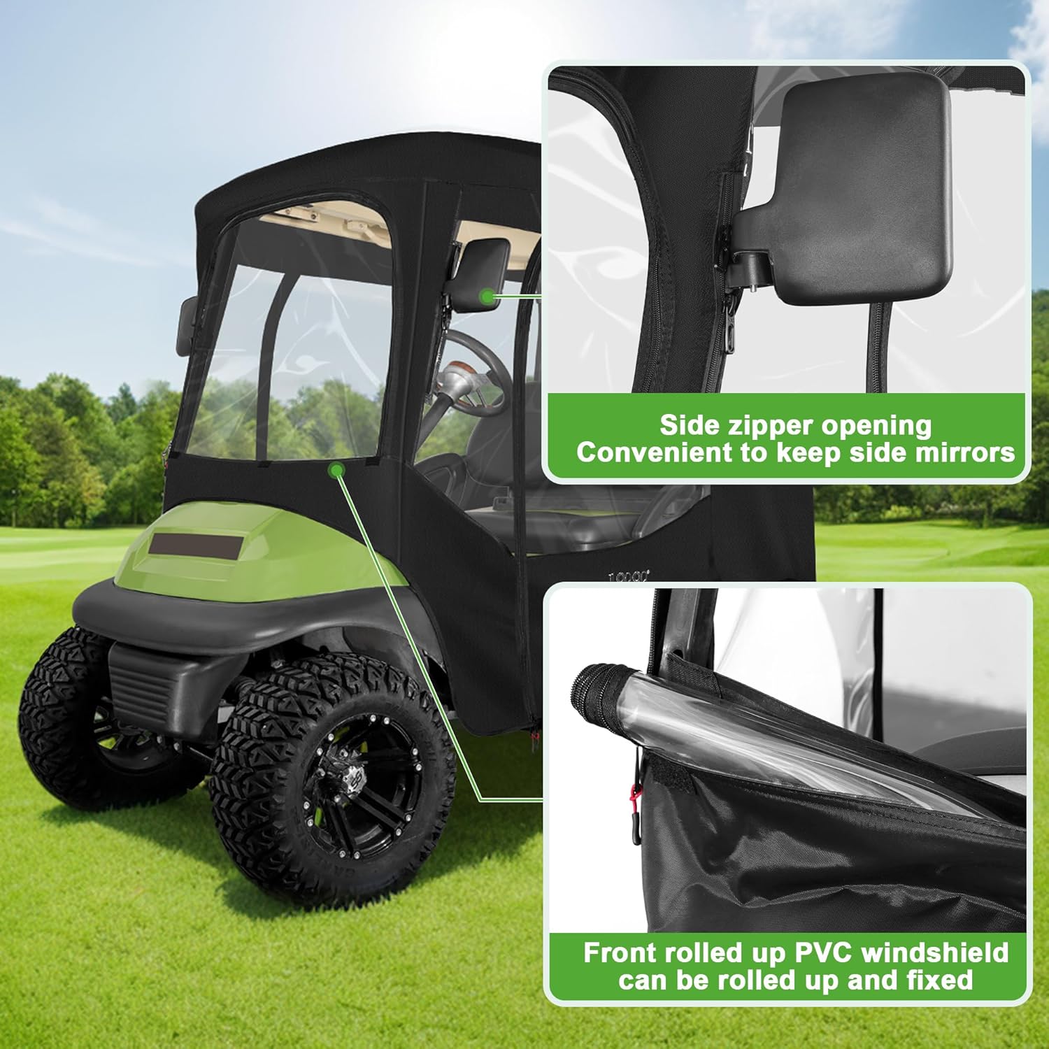 10L0L Golf Cart Enclosures 2 Passenger Club Car with Roll-Up Windshield for Club Car DS & Precedent All Weather Windproof Waterproof Rain Cover, 4-Sided Clear Window & Roll-up Zipper Door