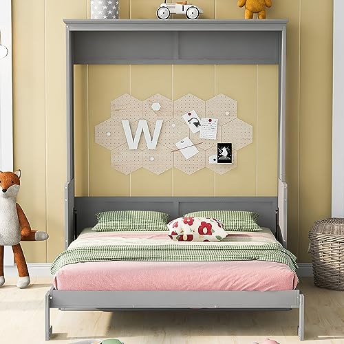 Murphy Bed Queen Bed Frame with Storage Shelves and LED Lights Folding Wall Bed with Wood Slats Queen Size Murphy Bed Cabinet Bed, Space Saving, White
