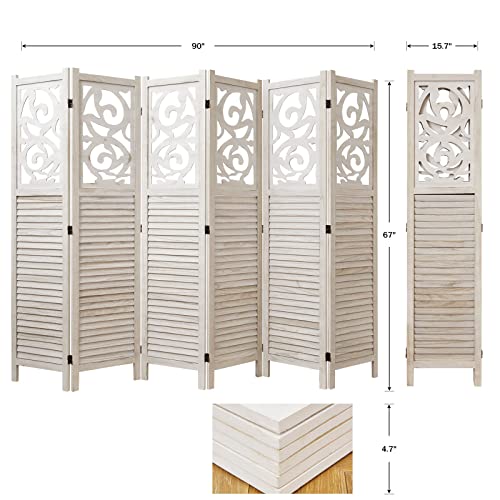Room Divider Wood Carved Wall Divider Indoor Folding Portable Partition Screen for Home Office Garden Terrace - 6 Panel, 67 * 90inch (Dark Brown)