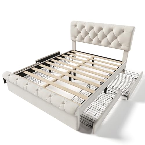 Bellemave Full Size Upholstered Bed Frame with 4 Drawers and Adjustable Headboard, Linen Platform Bed with Mattress Foundation Strong Wooden Slats Support, No Box Spring Needed, Beige