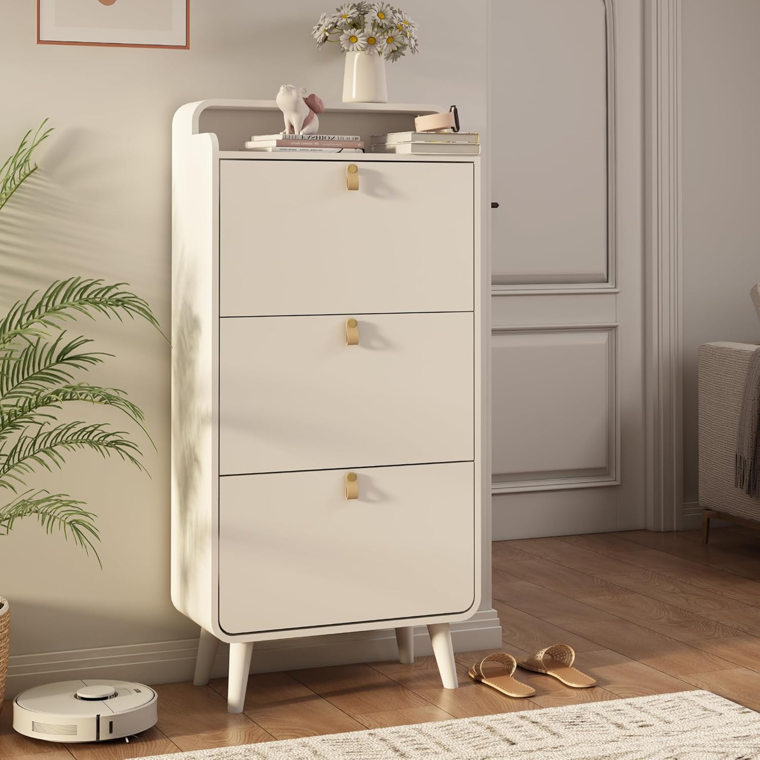 Modern Arc Design Shoe Cabinet with 3 Drawers - Elegant White Entryway Shoe Storage Solution for Closets, Apartments, Hallways & Outdoor Spaces