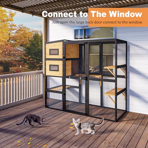 Catio Outdoor Cat Enclosure, Large Cat House for Mulitiple Cats Walk in Cat Cage with Waterproof Cover and Sunshine Panel Roof, Feral Cat Shelter with 7 Platforms and 2 Resting Box, 72 inch