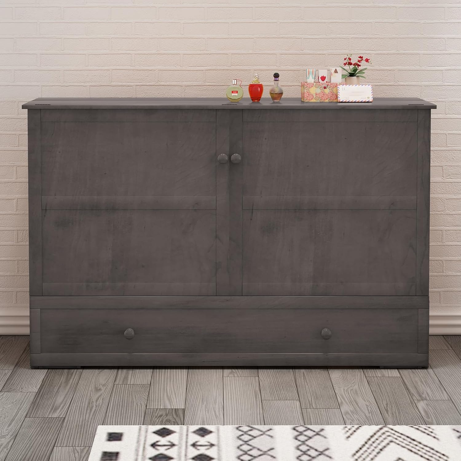 MUZZ Queen Size Cabinet Murphy Bed, Murphy Bed with Foldable Foam Mattress, Space-Saving Cube Murphy Bed with Charging Station and Large Storage Drawer (Grey)