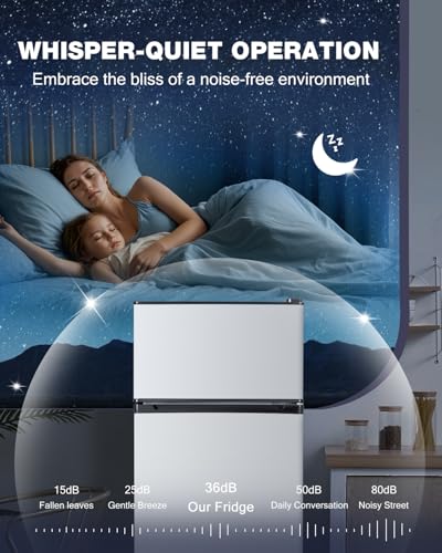 Double Door Refrigerator with Freezer, 4.5 Cu.Ft, Small Fridge with Freezer, 7 Settings Temperature Adjustable, Mini Refrigerator for Apartment Bedroom Dorm and Office, (Silver)