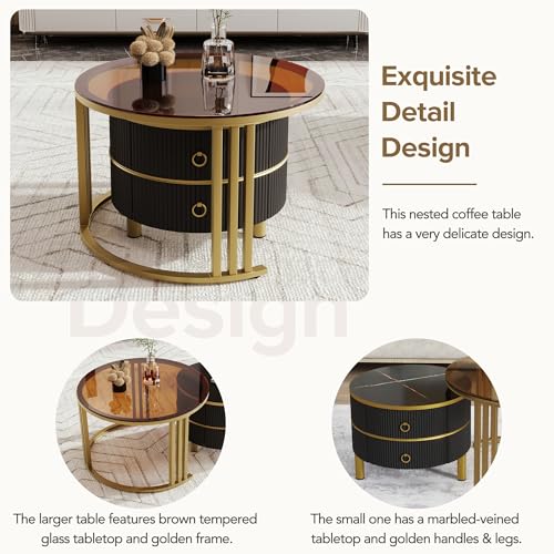 Modern Round Coffee Table, Nesting Table with Brown Tempered Glass and High Gloss Marble Tabletop, Glass Coffee Table for Living Room, Bedroom, Apartment (Golden Black)