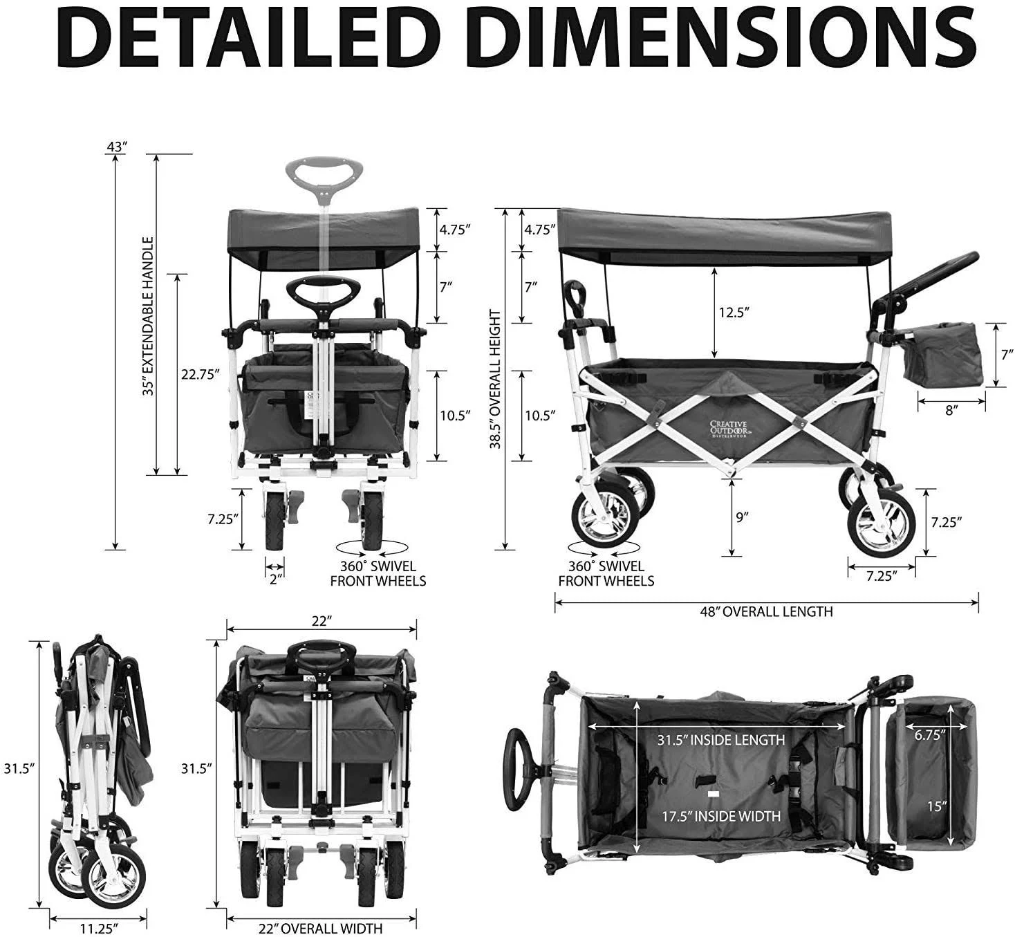 Push Pull Folding Wagon Stroller with Canopy 900580 Black/Gray