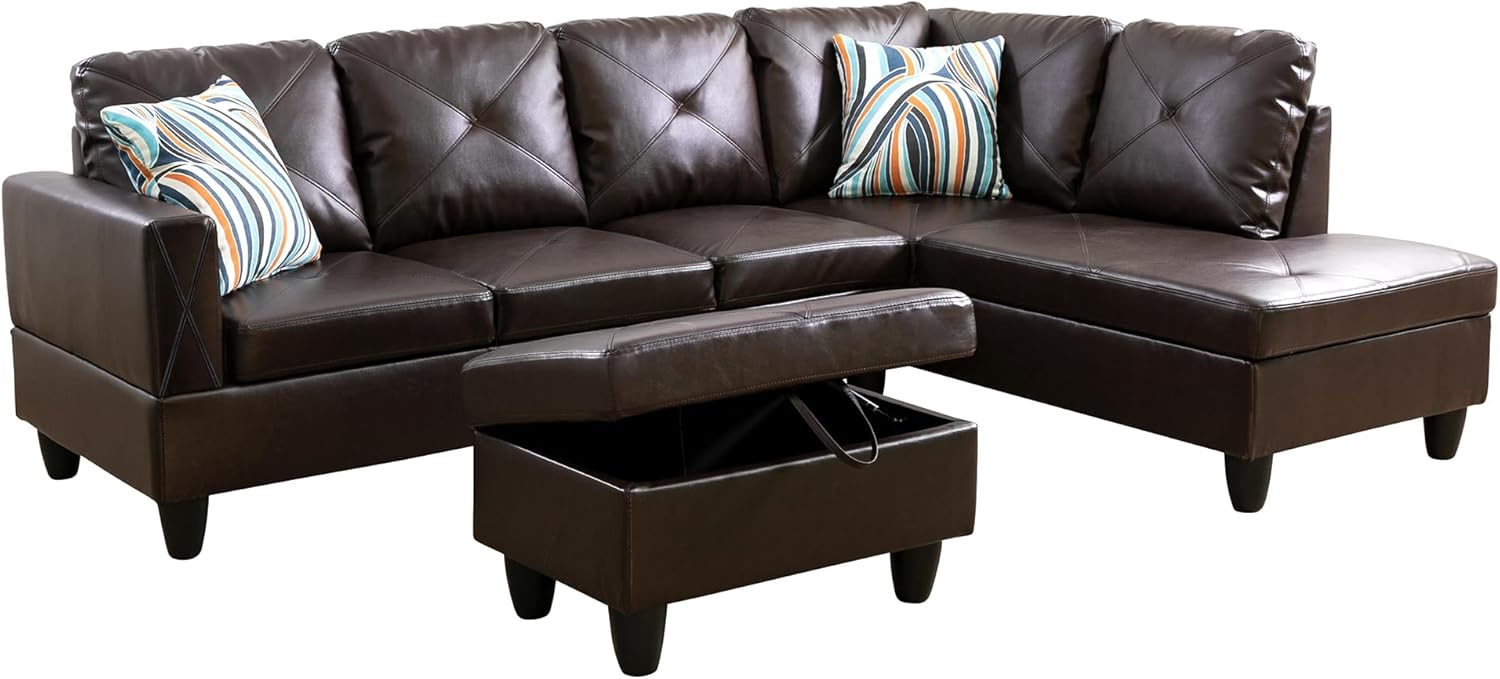 Sectional Sofa for Living Room Furniture Set with Chaise, Wear-Resistant Faux Leather, L-Shaped Couch for Modern Homes, Right, Brown