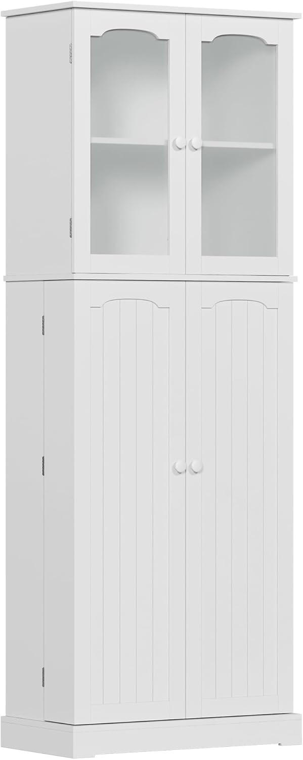 HOME BI 64" Kitchen Pantry Cabinet, Tall Freestanding Pantry with Glass Doors,Wooden Food Pantry Storage cabinet for Home Kitchen, Dining Room, Living Room(White, 23.62W x 11.81D x 63.58H)