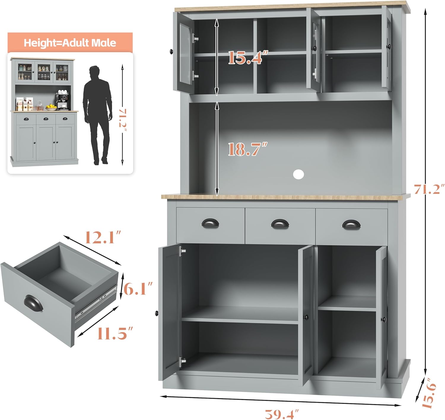 MU 71" Kitchen Hutch Storage Cabinet with Countertop, Tall Freestanding Kitchen Pantry Cabinet with Drawers, Drawers & Microwave Shelf, China Hutch for Kitchen, Dining Room, Living Room, Grey