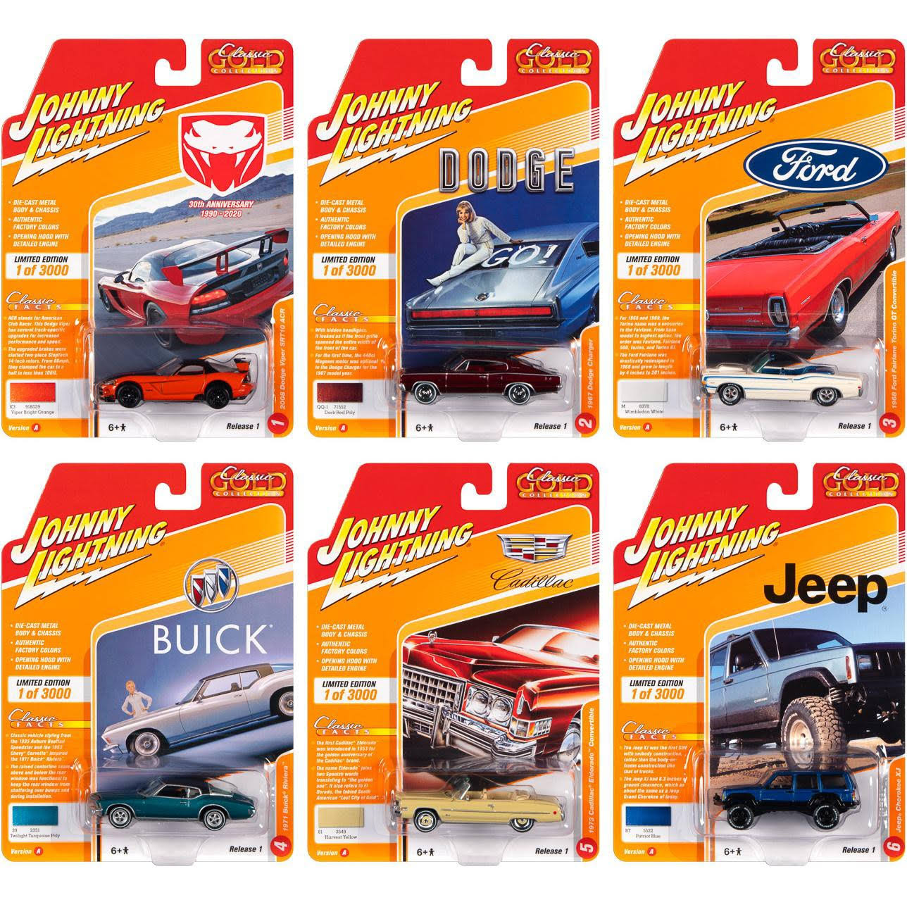 Classic Gold 2020 Release 1, Set A of 6 Cars Limited Edition to 3,000 Pieces 1/64 Diecast Model Cars by Johnny Lightning