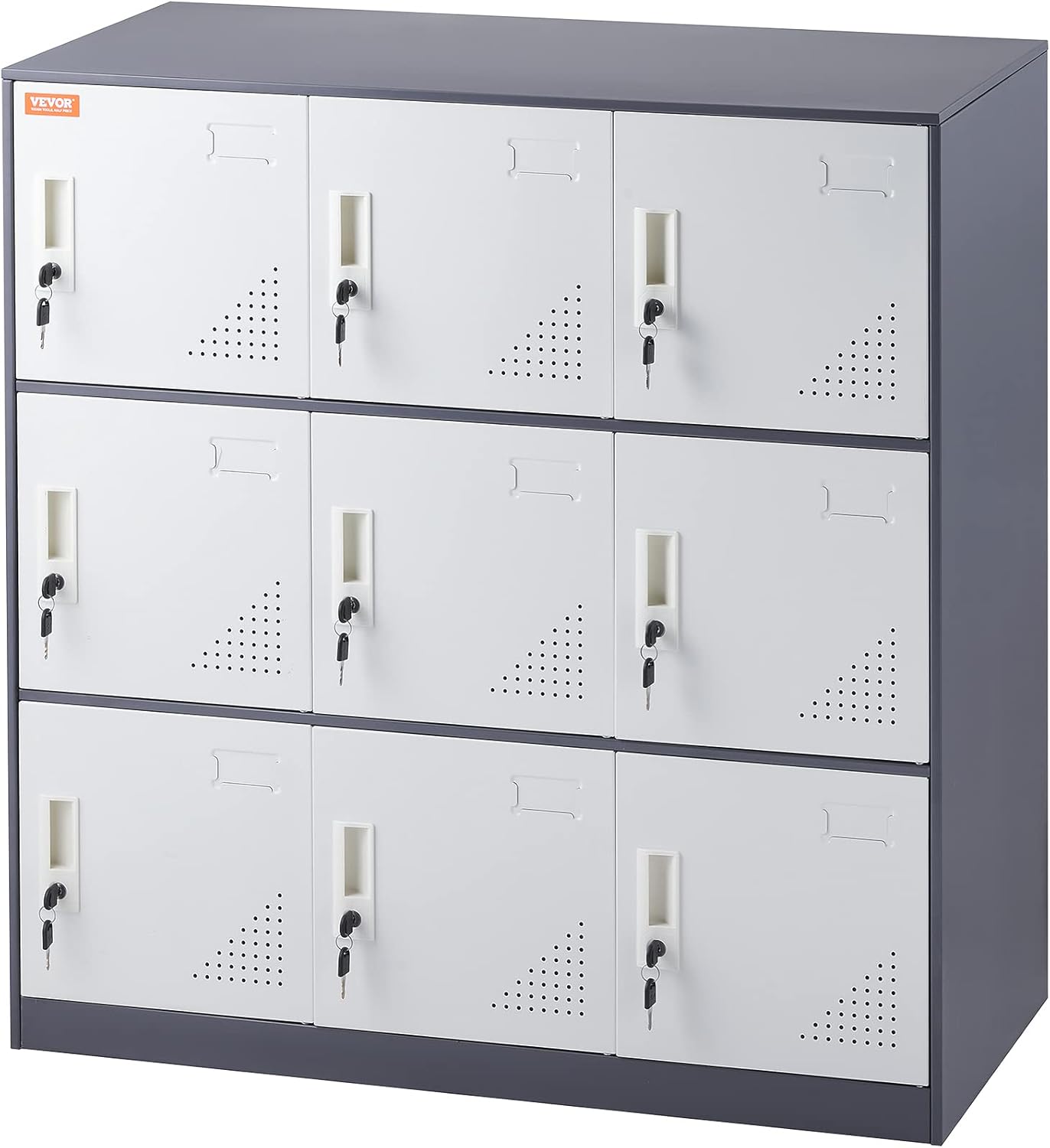 VEVOR Metal Locker for Employees, 9 Doors Storage Cabinet with Card Slot, Gray Steel Employee Lockers with Keys, 66lbs Loading Capacity Office Storage Lockers for Office, Home, School, Gym