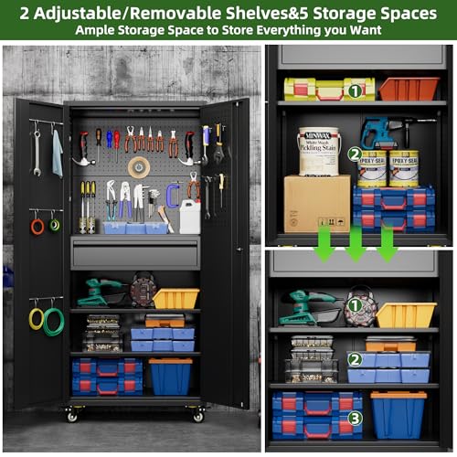 73" H Metal Storage Cabinet with Wheels, Garage Storage Cabinet with 4 Adjustable Shelves and Lockable Doors for Garage Home Office Utility Room,Required Assembly,Black