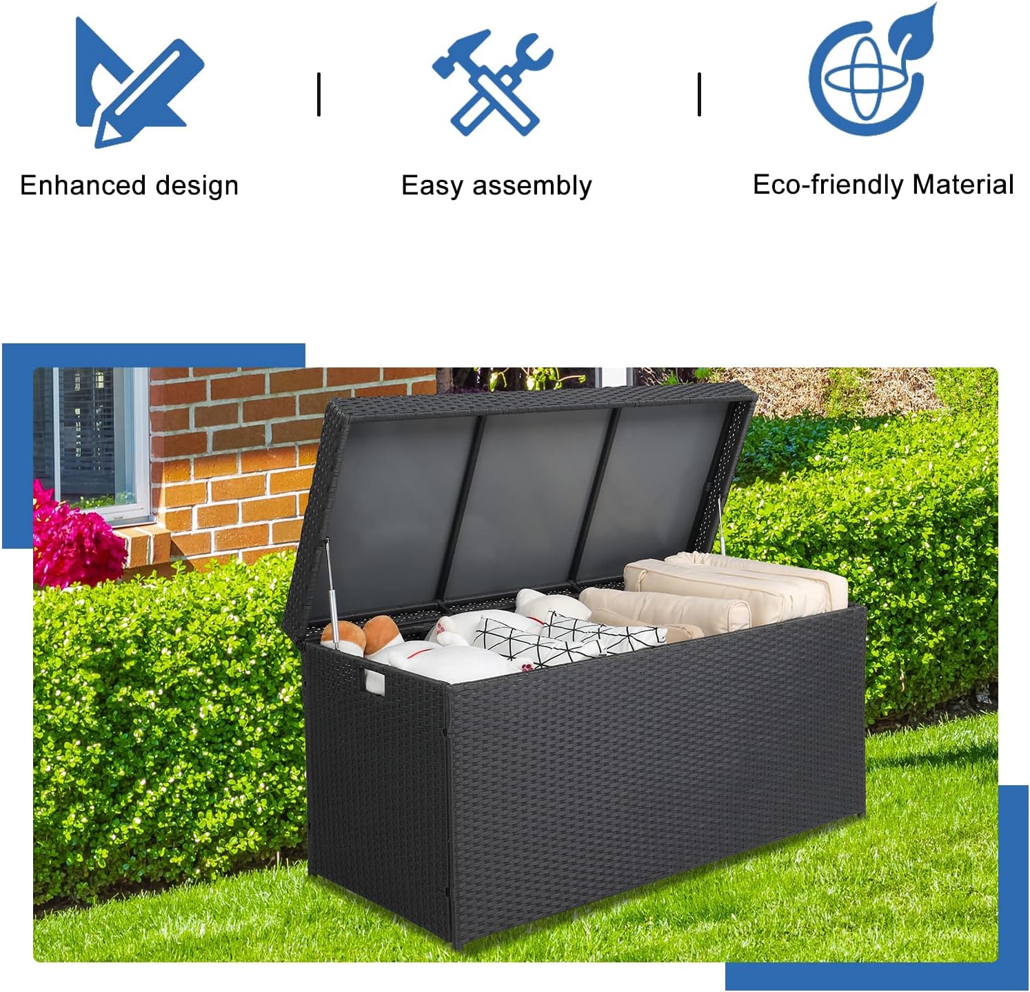 132 Gallon Large Deck Box - PE Rattan Indoor Outdoor Storage Box - Wicker Storage Basket with Lid - Deck Bin with Handle - Weather Resistant Storage Container for Toys, Blanket, Yard Tools - Black