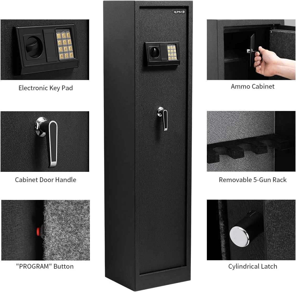 RPNB Rifle Safe,Electronic Gun Security Cabinet,Quick Access 5-Gun Large Metal Rifle Gun Security Cabinet with Separate Pistol/Ammo Area