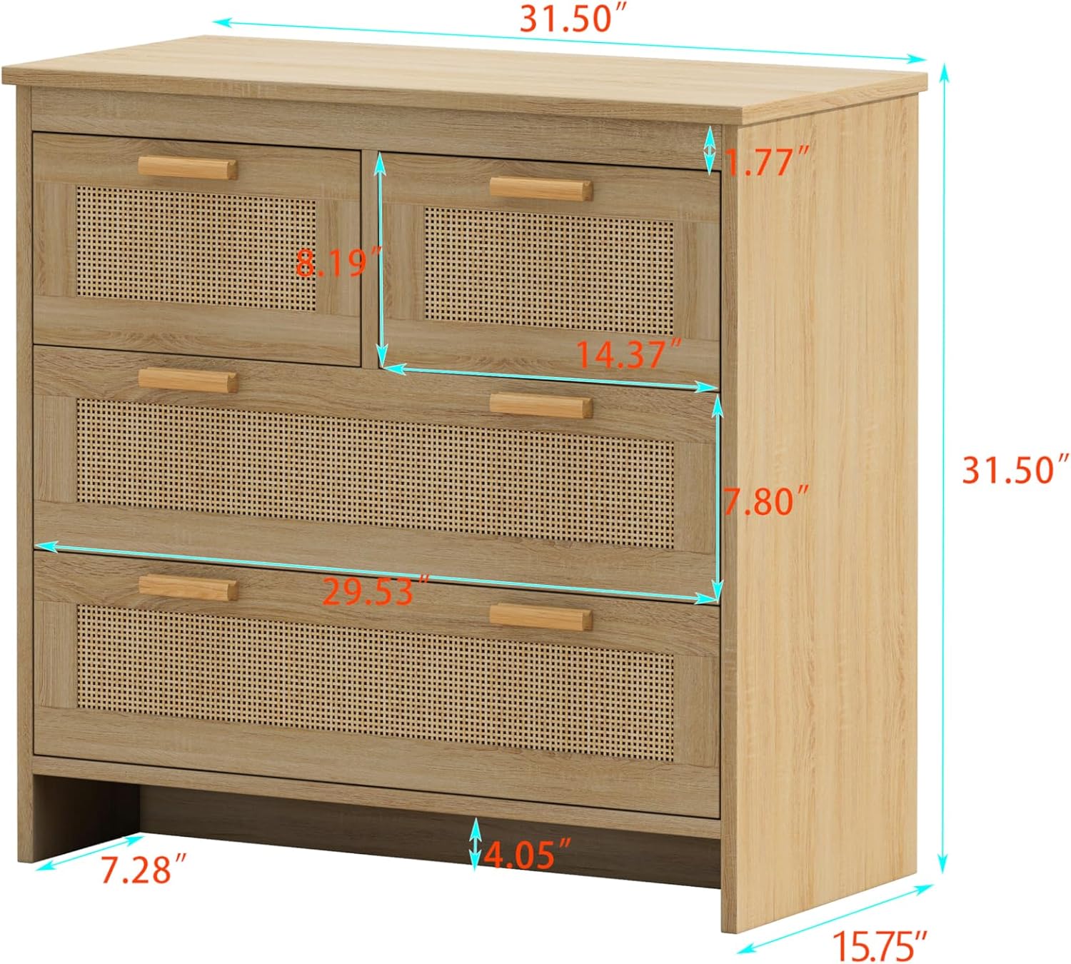 31.5" W Buffet Kitchen Storage Decorated Doors,4 Drawers Rattan Sideboard for Dining Room, Hallway, Cupboard Console Table, Liquor/Accent Cabinet,Natural