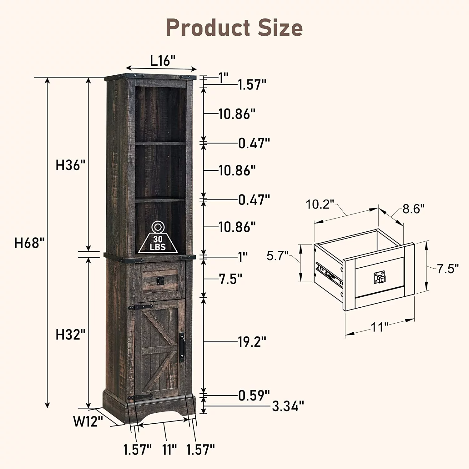 OKD Bathroom Storage Cabinet, Narrow Tall Cabinet Storage Tower with Door and Drawer, Dark Rustic Oak