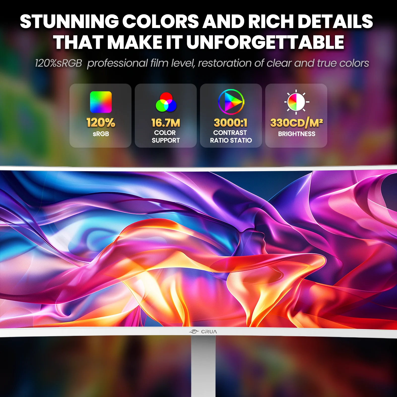 CRUA 49 Inch Ultra-Wide Curved Gaming Monitor, 120Hz, DQHD (5120x1440p), 1500R,FreeSync, 32:9, 120% sRGB, HDMI &amp; DP, Height adjustable, Built-in Speakers, Wall Mount Install, White
