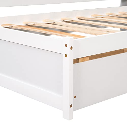 Full Size Platform Bed with Two Storage Drawers and L-Shaped Bookcase, Wooden Captain Bed Frame with Bookcase Headboard, Corner Bed Frame for Bedroom, No Box Spring Needed (Grey)