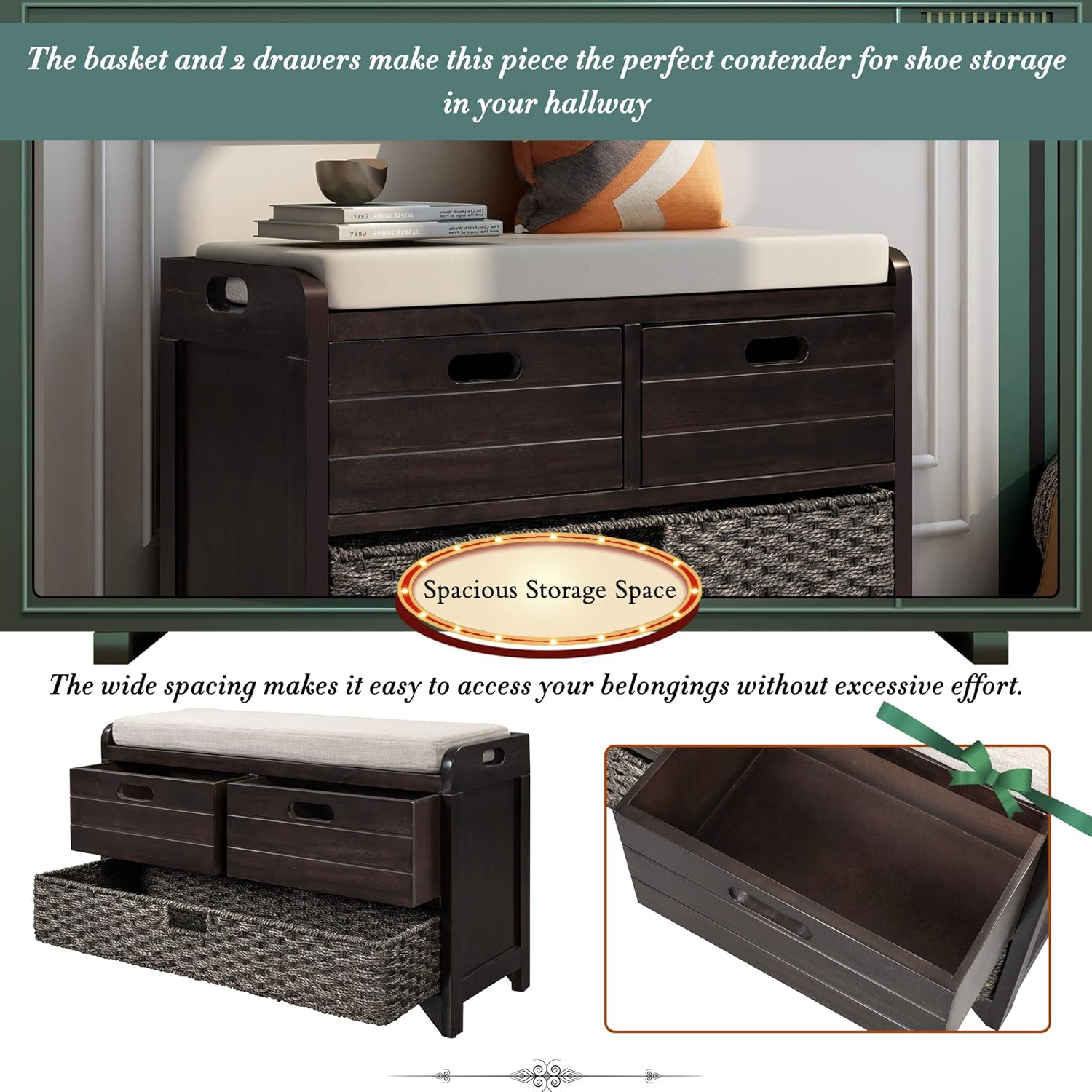 Wood Storage Bench with 1 Basket and 2 Drawers,Fully Assembled Shoe Stool,W/Removable Cushion,for Hallway,Entryway,Bedroom,Living Room,Espresso