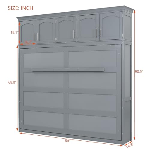 Full Size Murphy Bed with Built-in Wardrobe, 3 Drawers and 3 Open Shelves, Murphy Cabinet Bed with a Long Shelf, Bed Frame Can Be Folded Into A Cabinet, Space-Saving Design