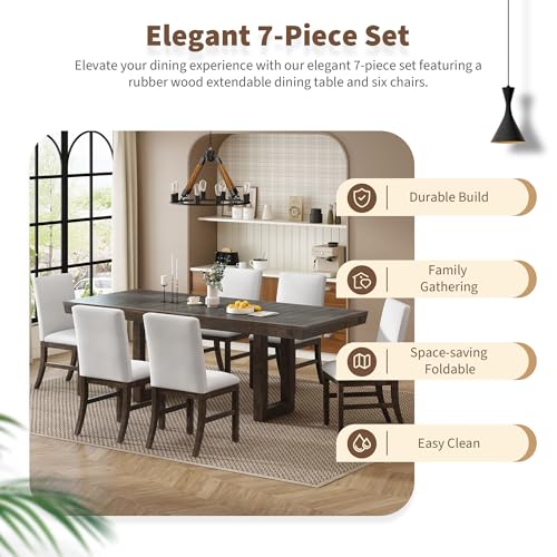 7-Piece Dining Table Set, Farmhouse Rectangular Dining Table with 4 Trestle Base, 6 Upholstered Chairs with Slightly Curve Seat Back for Dining Room and Kitchen, Gray