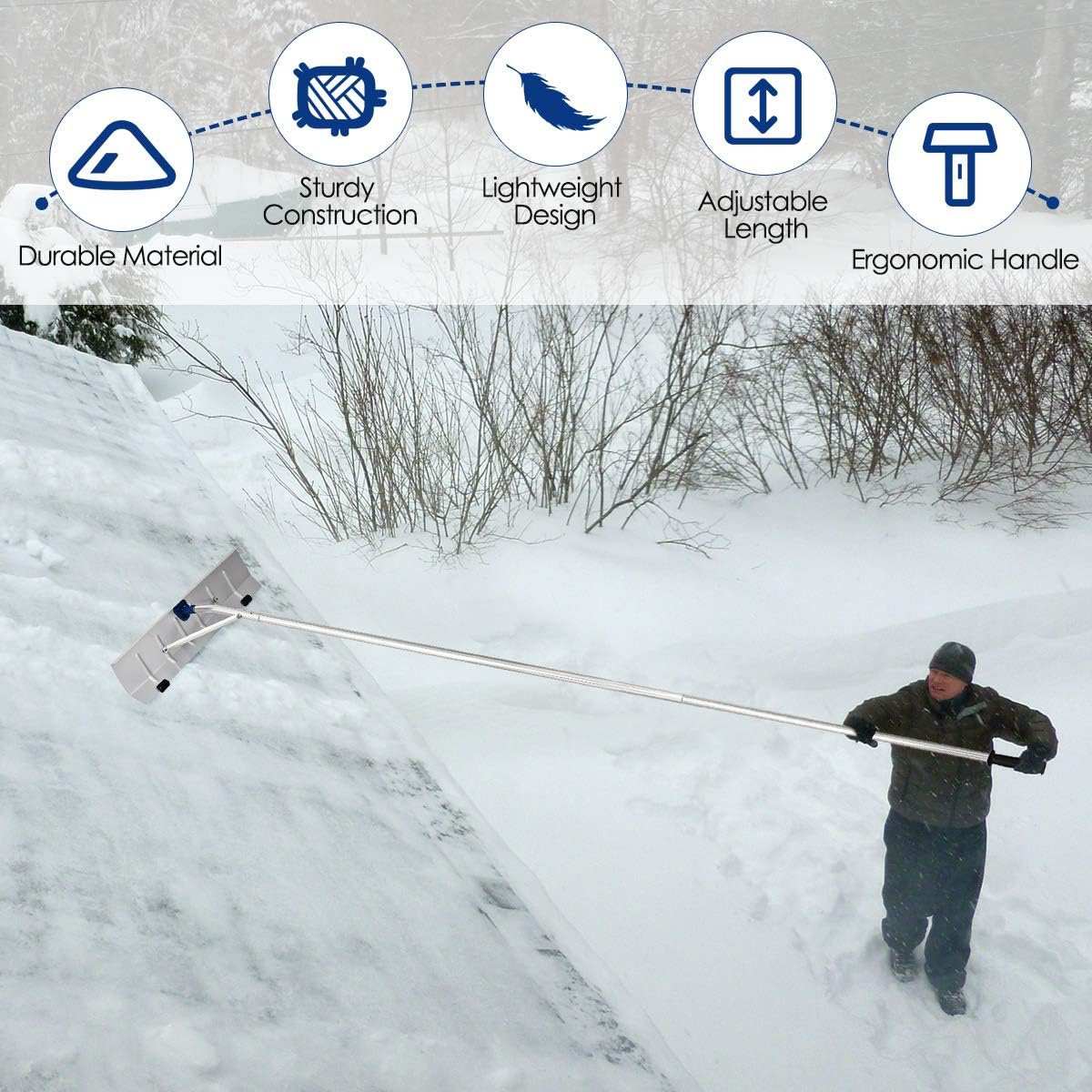 Goplus Aluminum Snow Rake, Lightweight Snow Removel Tool w/ 26 inch Width Blade, 5ft to 20ft Length Adjustable Handle (5ft to 20ft) Pack of 2