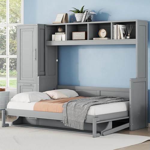 Linique Full Size Murphy Cabinet Storage Wall Bed with Closet and Drawers and Built-in Top Shelf,Hide a Bed on a Wardrobe Space Saving Design,Gray