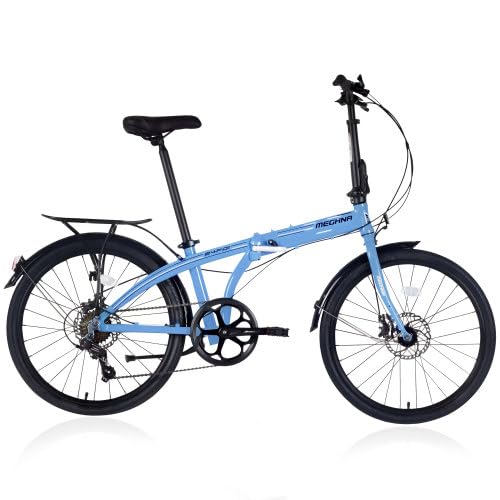 24" Folding City Bike Aluminum Frame 7 Speed Folding Bike,Lightweight Folding Bike，Folding Commuter Bike for Adults, Men, Student，Bike with Rear Rack，Adjustable Stem