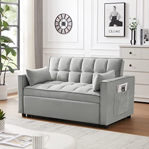 Futon Sleeper Sofa Bed Couch - Velvet 3 in 1 Convertible Sleeper Sofa w/Pullout Bed, Small Love Seat Lounge Sofa w/Reclining Backrest, Toss Pillows, Pockets for Living Room (Grey)