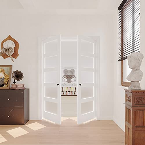 30"x 80" French Interior Slab Door - 5 Lites Tempered Frosted Glass Pantry Door Panels, Closet & Bathroom Single Door, White Primed, MDF - Panel Need to Assembly