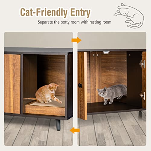 PETSITE Cat Litter Box Enclosure, Wooden Litter Box Cabinet with Divider, Scratching Pad & Metal Legs, Litterbox Enclosure Furniture with Double Doors, Hidden Litter Box, 35.5 x 20 x 20 inch
