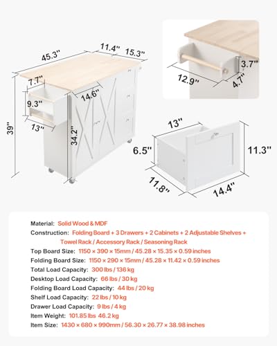 VEVOR Kitchen Island Cart with Solid Wood Top, 35.4" Width Mobile Carts with Storage Cabinet, Rolling Kitchen Table with Spice Rack, Towel Rack, and Drawer, Portable Islands on Wheels, White