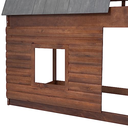 Twin Over Twin Bunk Bed House Shaped with Roof and 2 Windows, Wood Frame Floor BunkBed for Kids Boys Girls, Oak & Smoky Grey