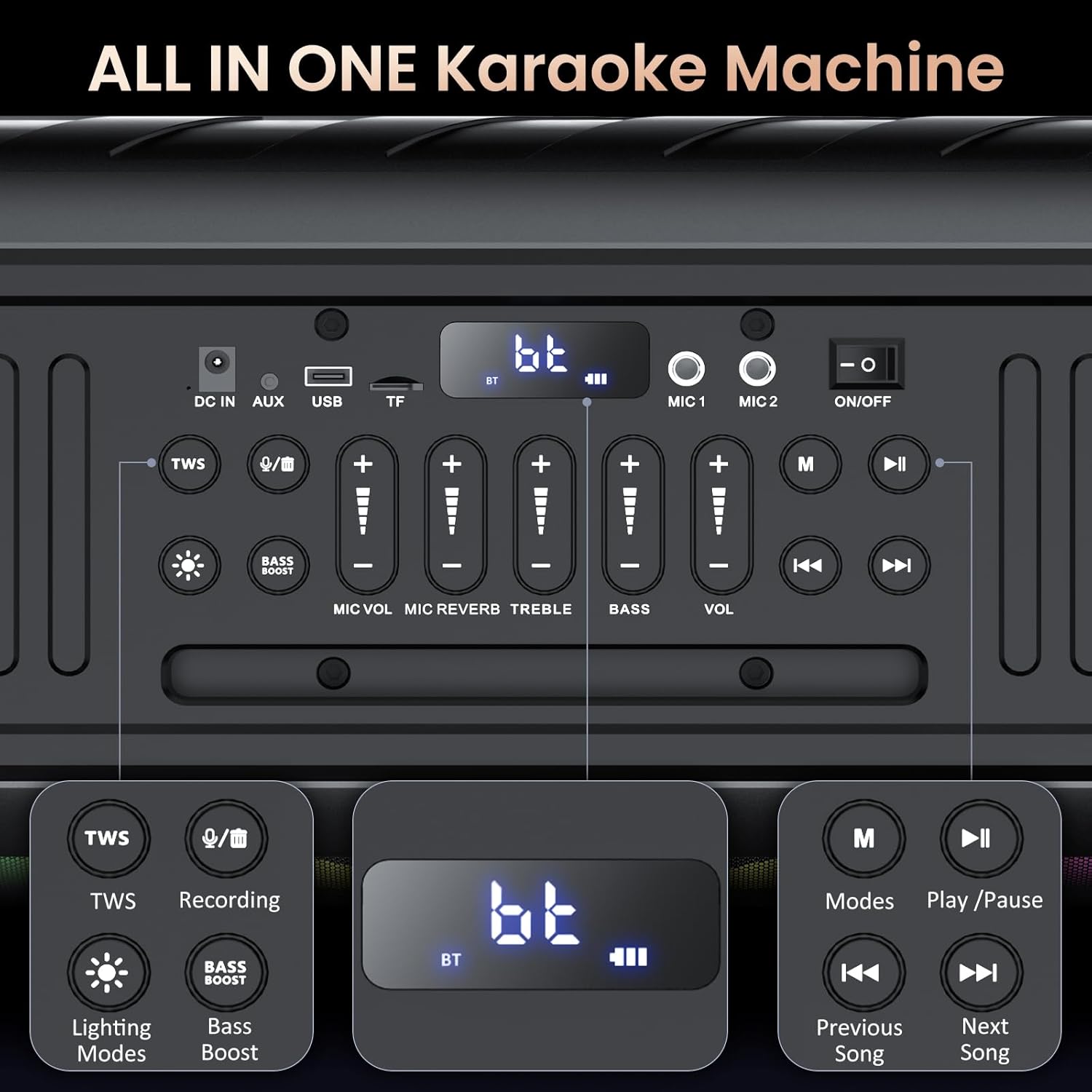 T11-T Karaoke Machine with 2 Microphones, Large Bluetooth Karaoke Speaker for Adults and Kids, Party Speaker w/Dual 6.5" Subwoofer, Portable PA System with Party Lights, Birthday Gifts