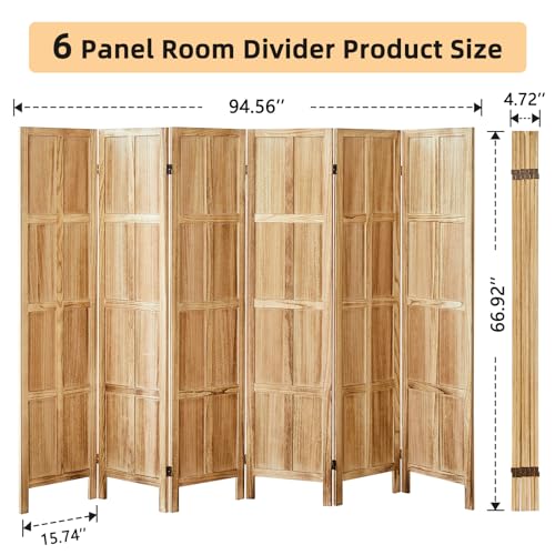 6 Panel Room Divider, 5.6 FT Folding Privacy Screen Room Divider, Partition Divider for Room Separation, Wooden Room Screen Divider Freestanding, for Home Office, Bedroom (White)