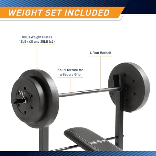 Marcy Standard Weight Bench with 80lbs to 100 lbs Vinyl-Coated Weight Set for Strength Training, Weight Lifting for Personal Home Gym