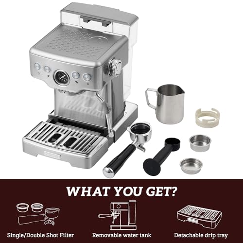 Neretva 15 Bar Espresso Machine with Milk Frother Steam Wand for Cappuccino, Latte, Macchiato, 1450W Professional Coffee Machine 1.8L Removable Water Tank For Home Barista