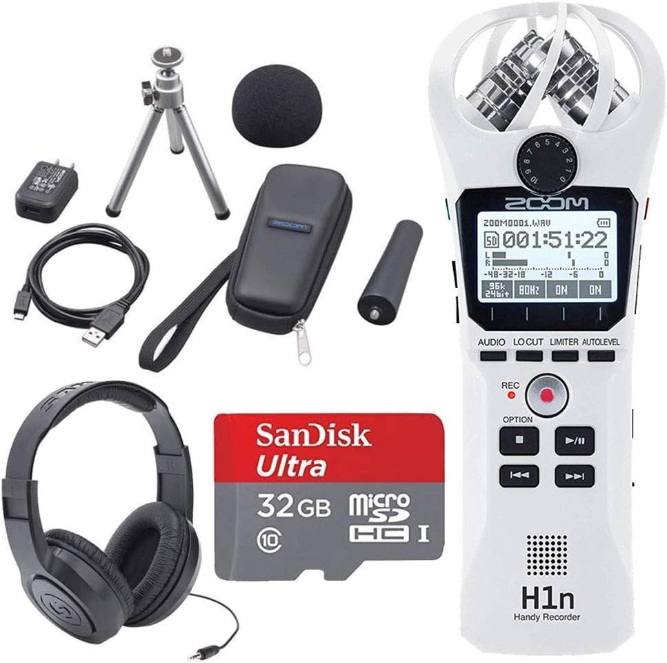 Zoom H1n 2-Input / 2-Track Portable Handy Recorder with Onboard X/Y Microphone + Zoom APH-1n Accessory Pack + 32GB microSDHC UHS-I Card with Adapter + Stereo Headphones - Complete Bundle (Black)