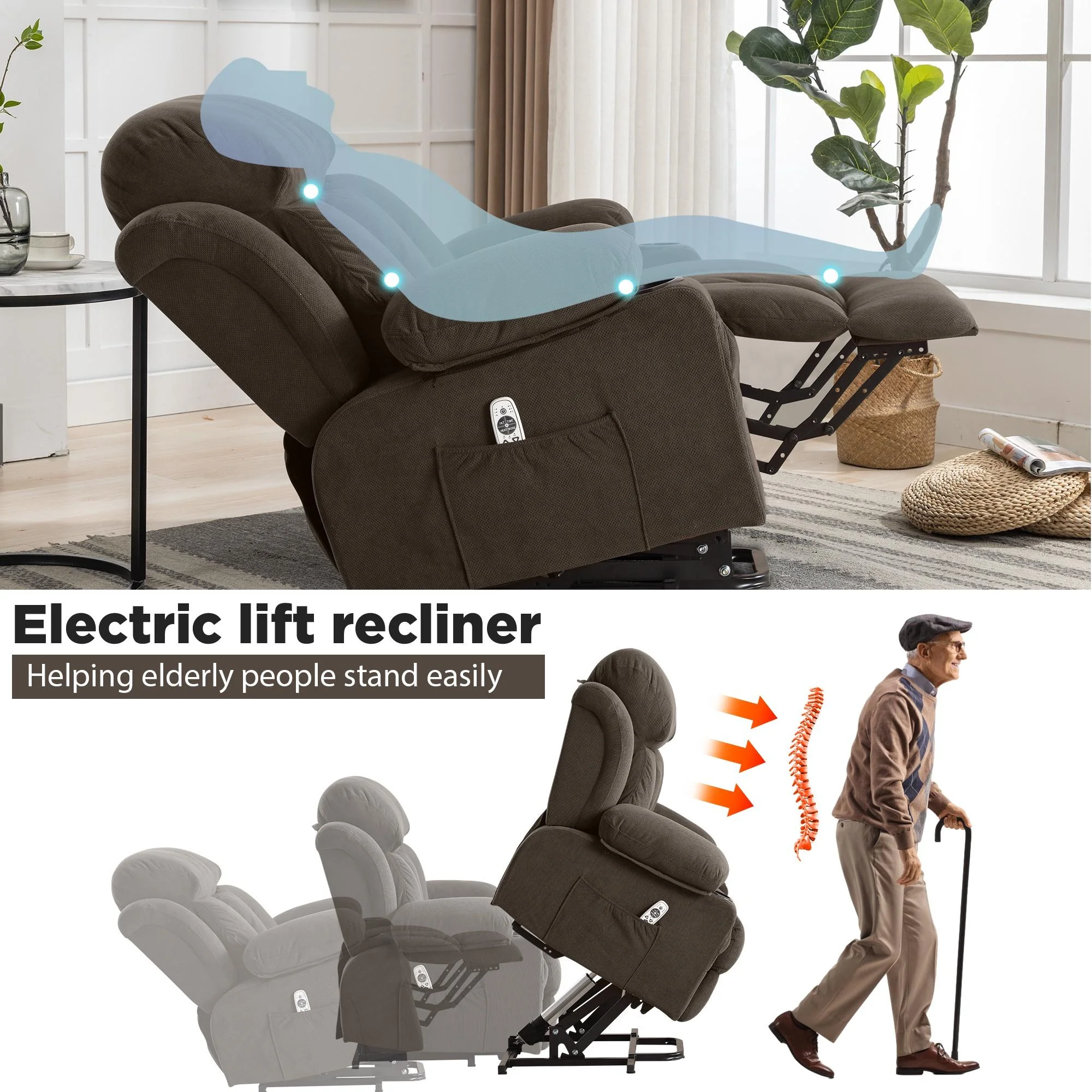 Power Lift Recliner Chair, BTMWAY PU Leather Electric Recliner Chair for Elderly with Massage | Heating | Remote Control | USB Port, Power Lift Recliner for Home Use, 22in Seating Wide, Brown
