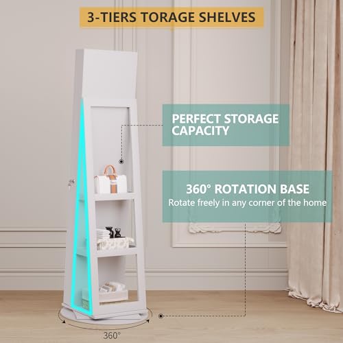 Vlsrka 360° Swivel Jewelry Cabinet with Lights, Jewelry Armoire with Full Length Mirror, Large Jewelry Armoire Organizer, Lockable Free Standing Mirror with Storage, Rear Storage Shelves, Black