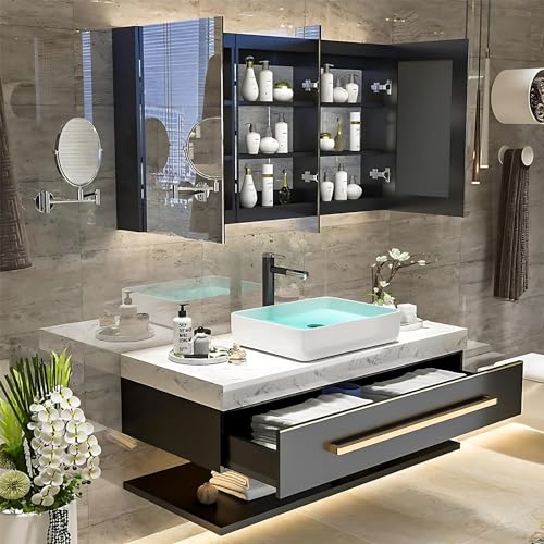 Double Bathroom Bathroom Vanity with Sink - Floating Bathroom Vanity with LED Smart Defog Mirror Cabinet, Solid Wood Bathroom Vanity, Wall Mounted, Stylish Design (Single Sink 36")