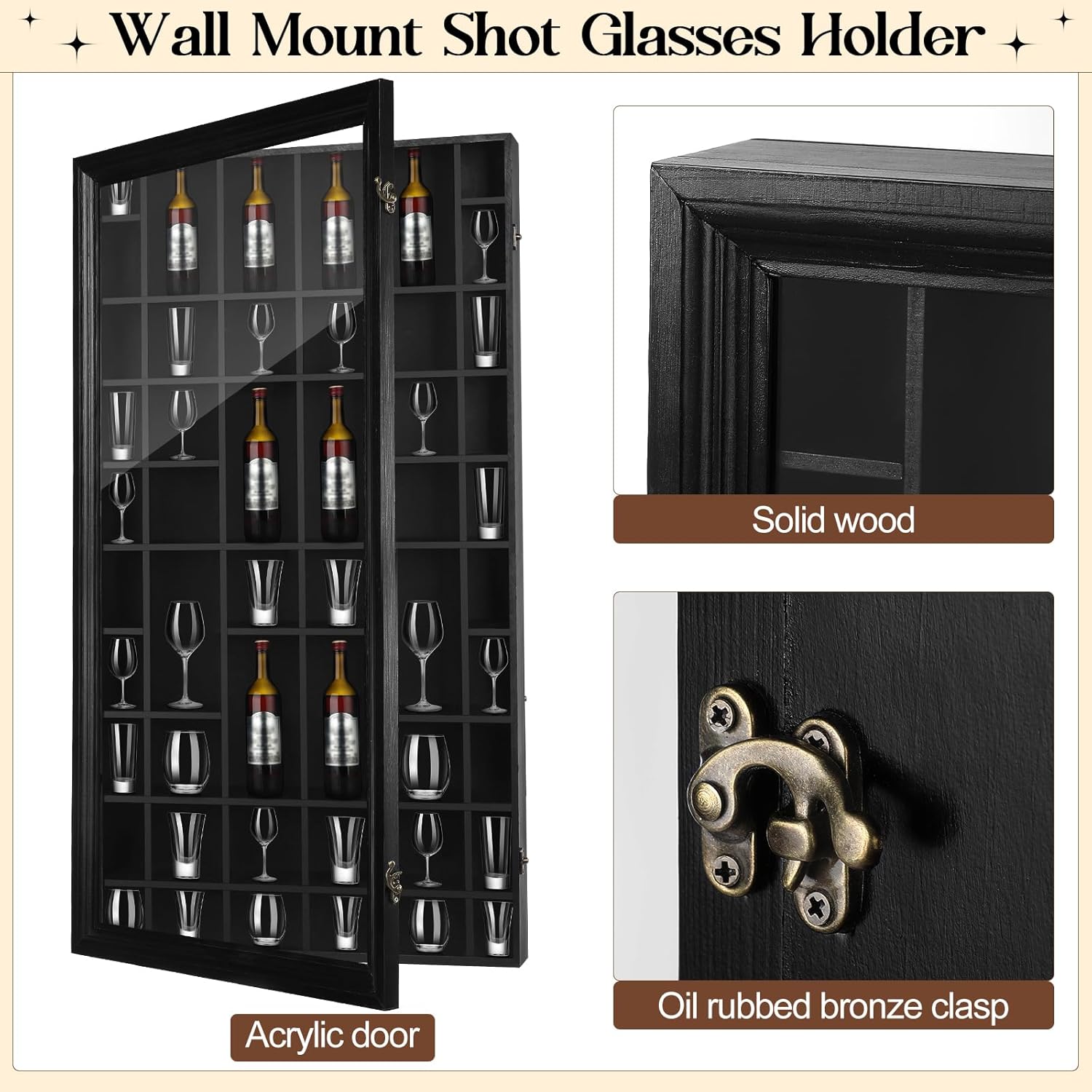 2 Pcs Shot Glass Display Case 50 Slots Wood Shot Glasses Holder 32.5 x 17.9'' Wall Mount Cabinet Rack Holder for Collectibles Glass Bar Cabinet with Lockable Acrylic Door