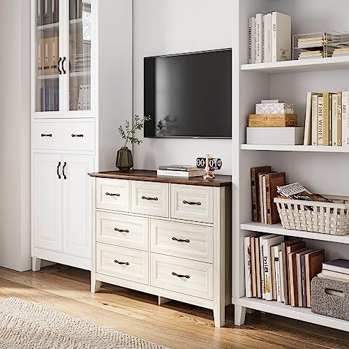 LINSY HOME Farmhouse Dresser for Bedroom, 9 Drawer Bedroom Dresser with Antique Handles, Wood Chest of Drawers for Nursery, Living Room, Entryway and Hallway, Black
