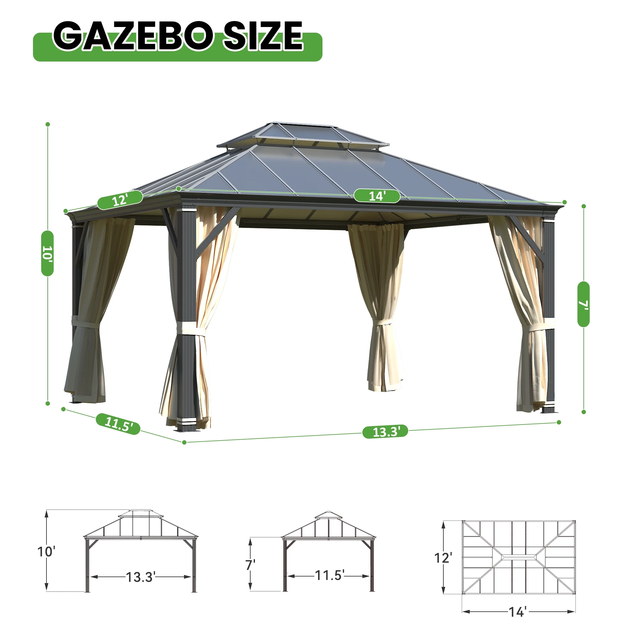 Richryce 12'x14' Hardtop Gazebo Patio Furniture, Aluminum Frame Double Roof, Privacy Curtains and Premium Net for Patio Lawn and Garden